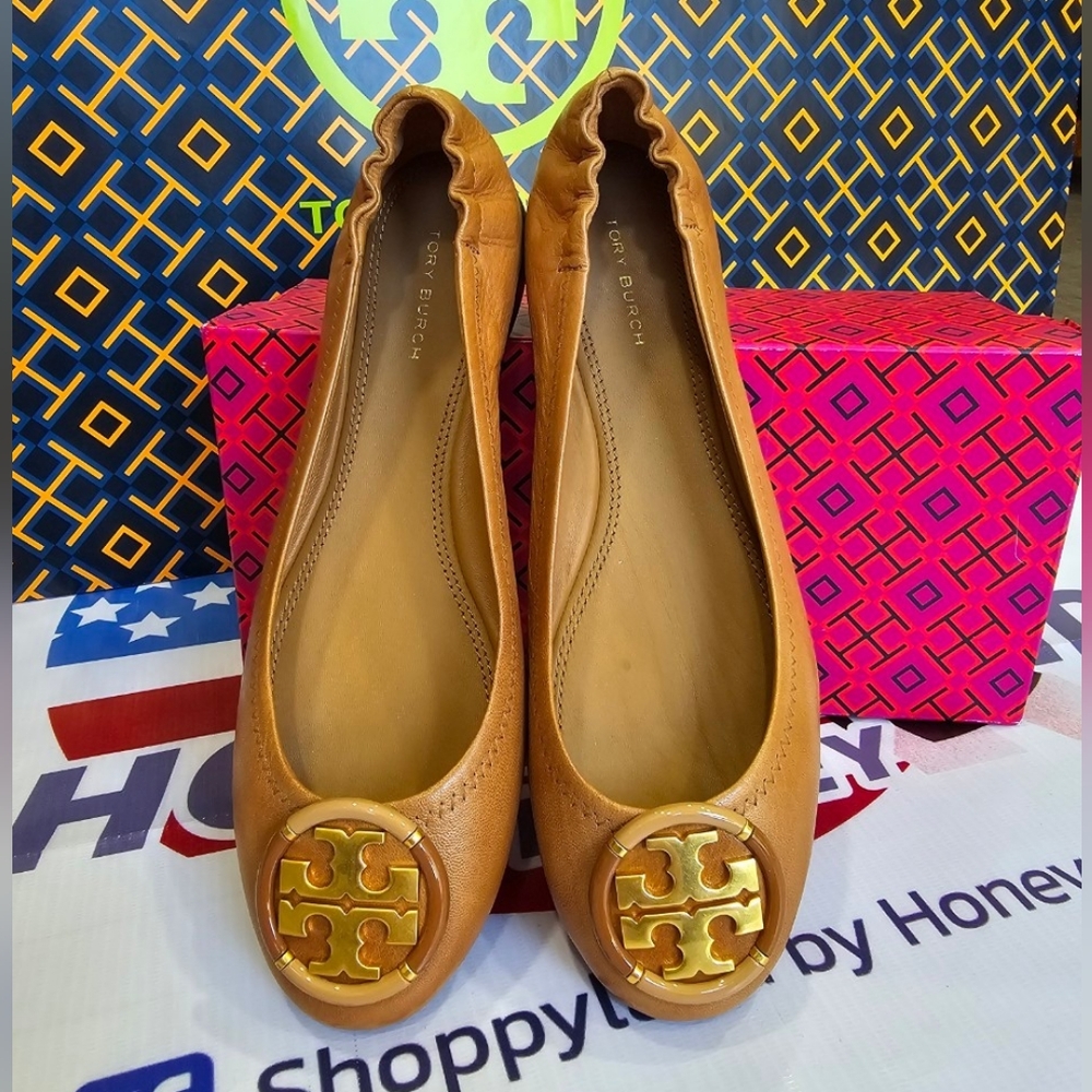 NEW!!! TORYBURCH MULTI LOGL BALLET GOAT LEATHER 7.5us (BROWN)